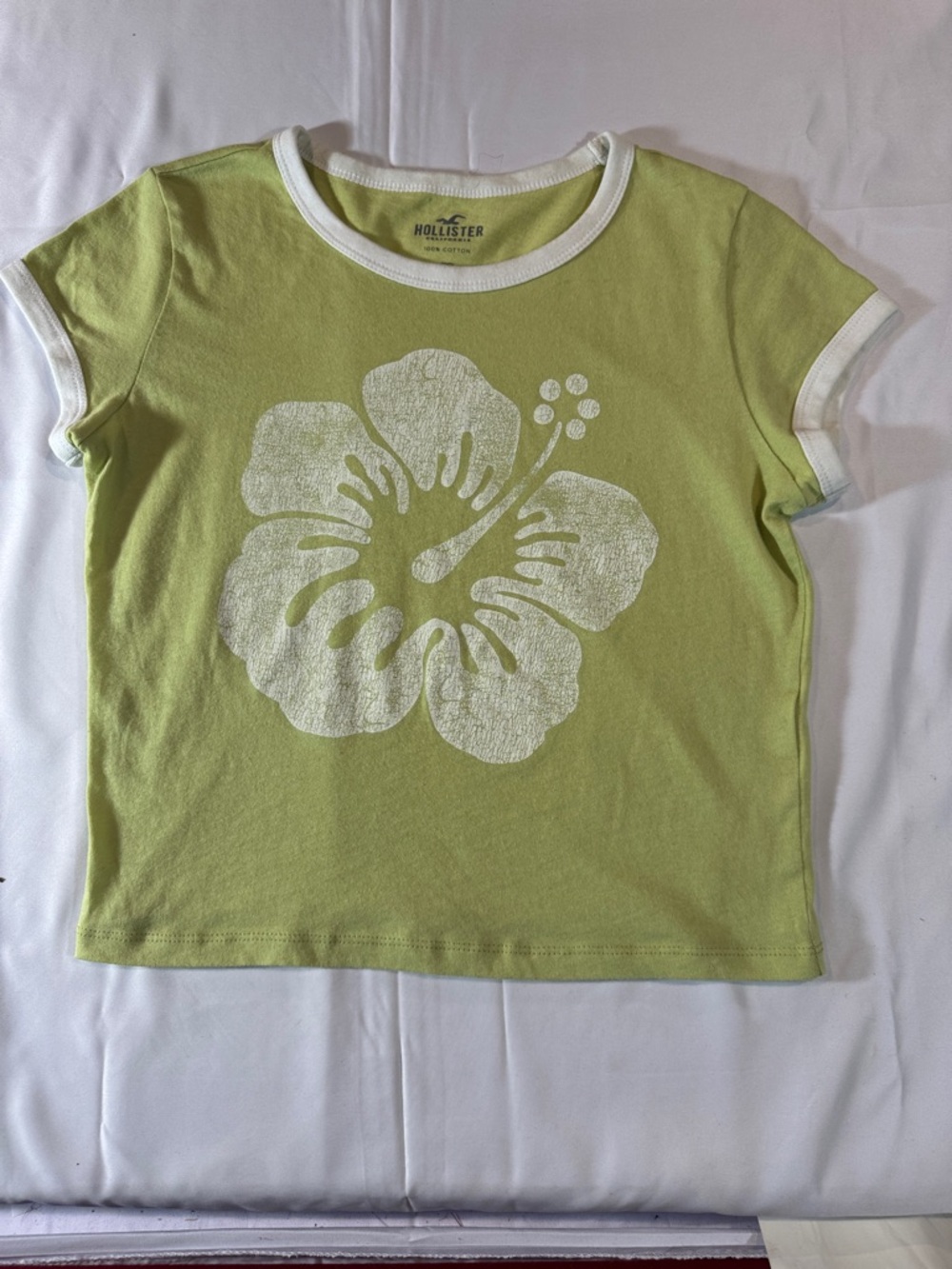 Hollister Lime Green Ringer Tee with White Hibiscus Graphic